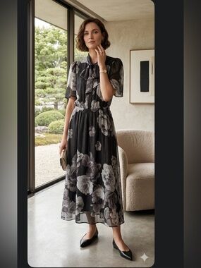 Calvin Klein Metallic Floral Chiffon Midi Dress Tie Neck Black Silver NWT 4